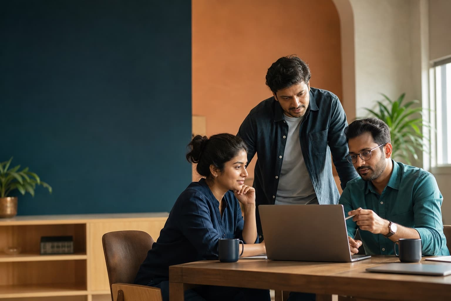 A growing business team collaborating around a laptop